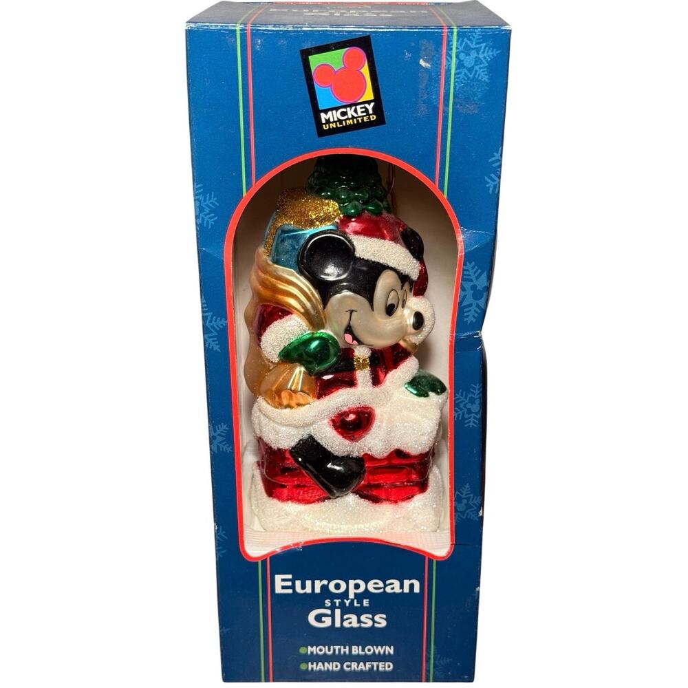 Vintage 1997 Disney Mickey Mouse Santa Chimney Glass Christmas Ornament w/ Box